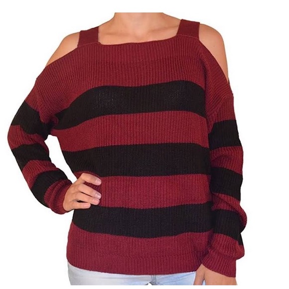 Hooked Up Red and Black Cold Shoulder Sweater - Picture 8 of 8